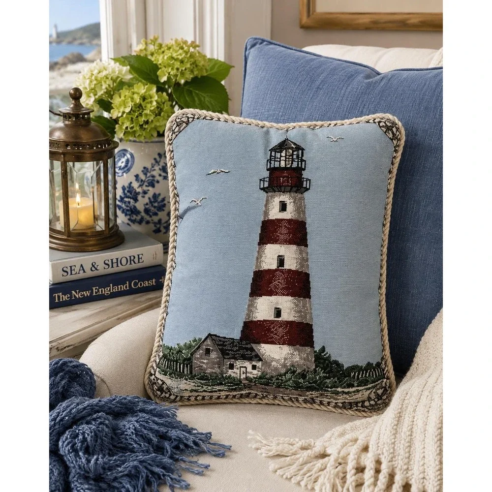 Woven Lighthouse Ropes Sea Shore Blue Tapestry Pillow 17